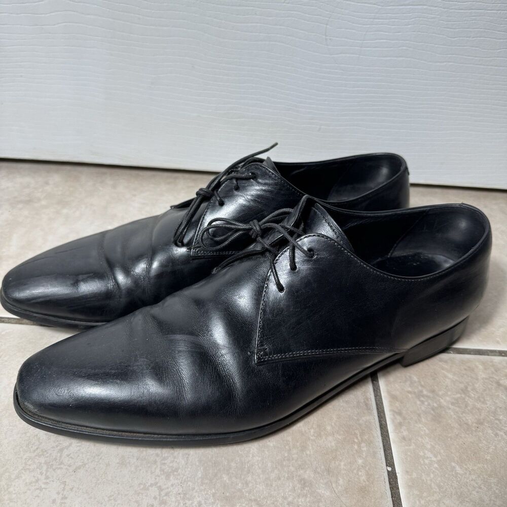 Giorgio Armani Black Leather Derby Dress Shoes Mens 10.5 Made in Italy Lace Read